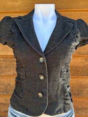 Iz Byer Black Short Sleeve Fitted Button-Up Blazer Jacket With Puff Sleeves Wome